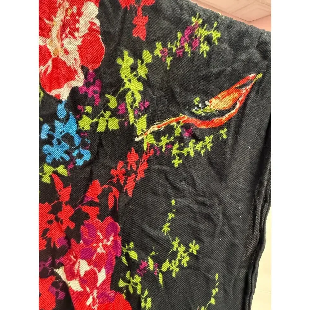 APT. 9 Black Floral Bird Scarf Oversized Lightweight Wrap Short Fringe 78x19